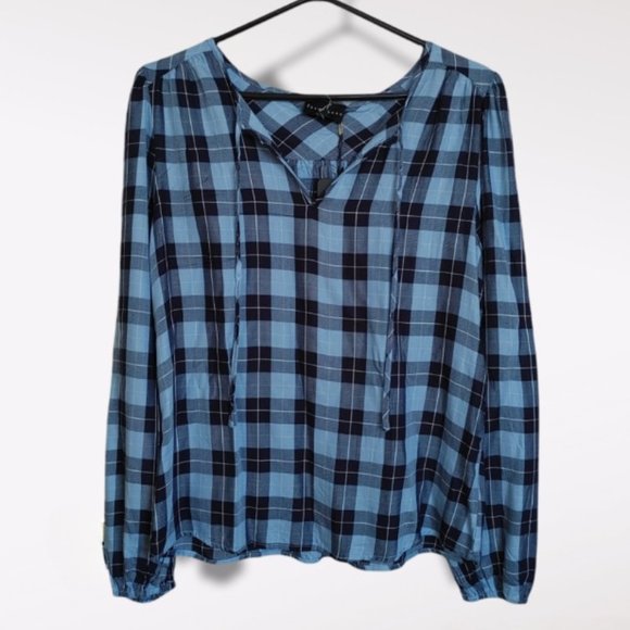 Blue Plaid Peasant-Style Shirt - Picture 1 of 11